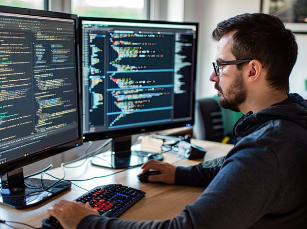 Mannlig utvikler jobber med koding på to skjermer i et moderne kontor, fokusert på programmering relatert til cybersikkerhet.