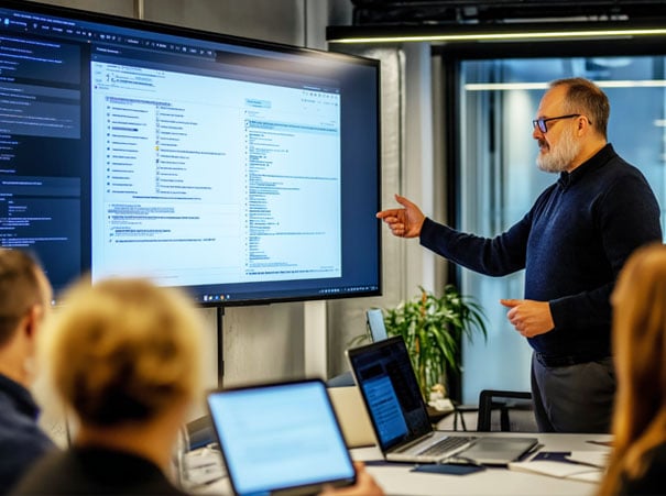 Fagperson presenterer Visma Security Program på stor skjerm i moderne møterom, mens kolleger følger med.
