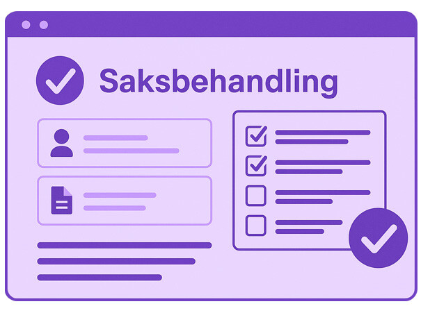 Illustrasjon av en digital saksbehandlingsløsning med sjekklister, person- og dokumentikoner, samt tydelige avkryssingsmerker, som symboliserer strukturert og effektiv saksbehandling.