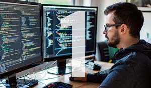 Mannlig utvikler jobber med koding på to skjermer i et moderne kontor, fokusert på programmering relatert til cybersikkerhet.