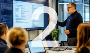 Fagperson presenterer Visma Security Program på stor skjerm i moderne møterom, mens kolleger følger med.