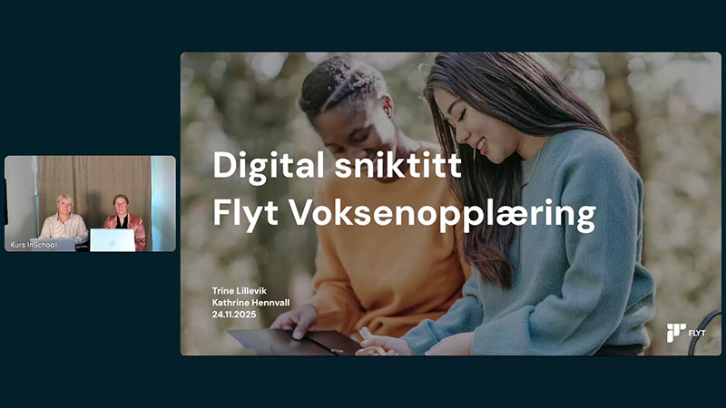 Skjermbilde fra webinaret om Flyt Voksenopplæring sniktitten. To ansatte presenterer det nye fagsystemet.