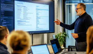 Fagperson presenterer Visma Security Program på stor skjerm i moderne møterom, mens kolleger følger med.